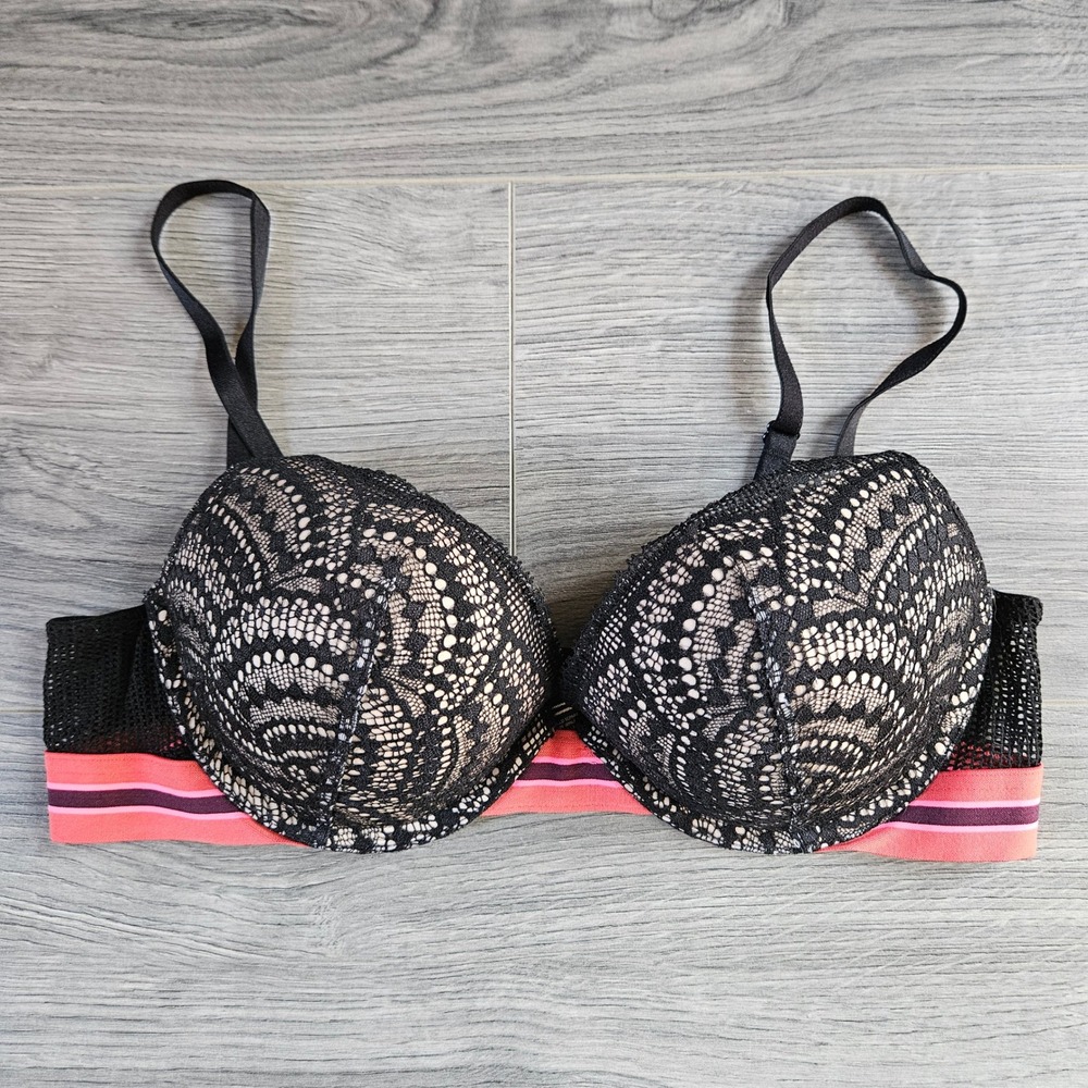 Victoria's Secret Very Sexy Lace Push-Up Bra Lace Black Pink Striped Band 36B